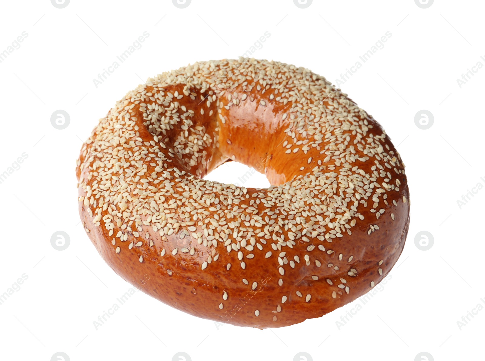 Photo of Delicious fresh bagel with sesame seeds isolated on white