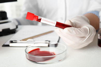 Photo of Scientist holding test tube with blood sample and label CORONA VIRUS in laboratory, closeup