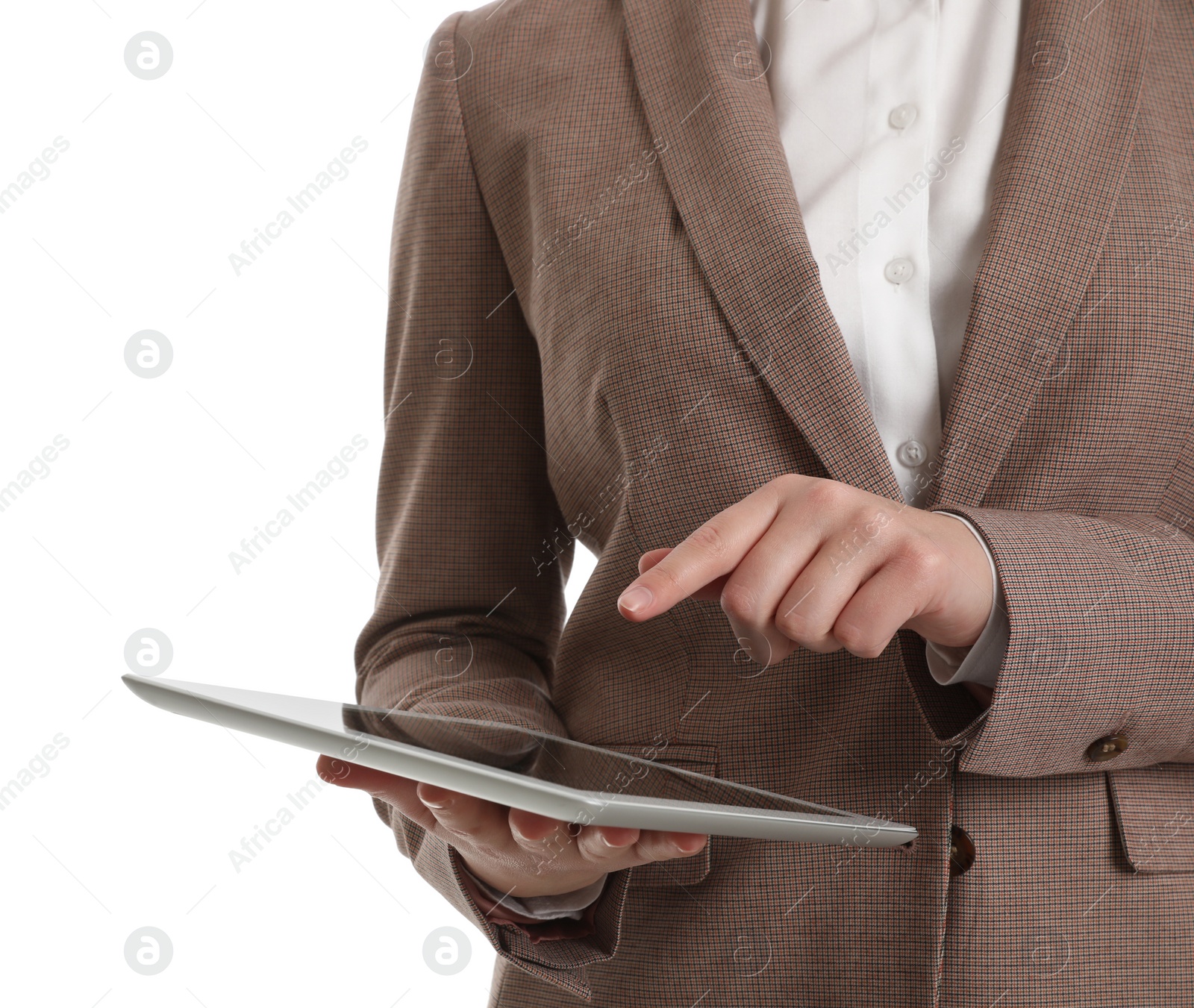 Photo of Young businesswoman with tablet on white background, closeup