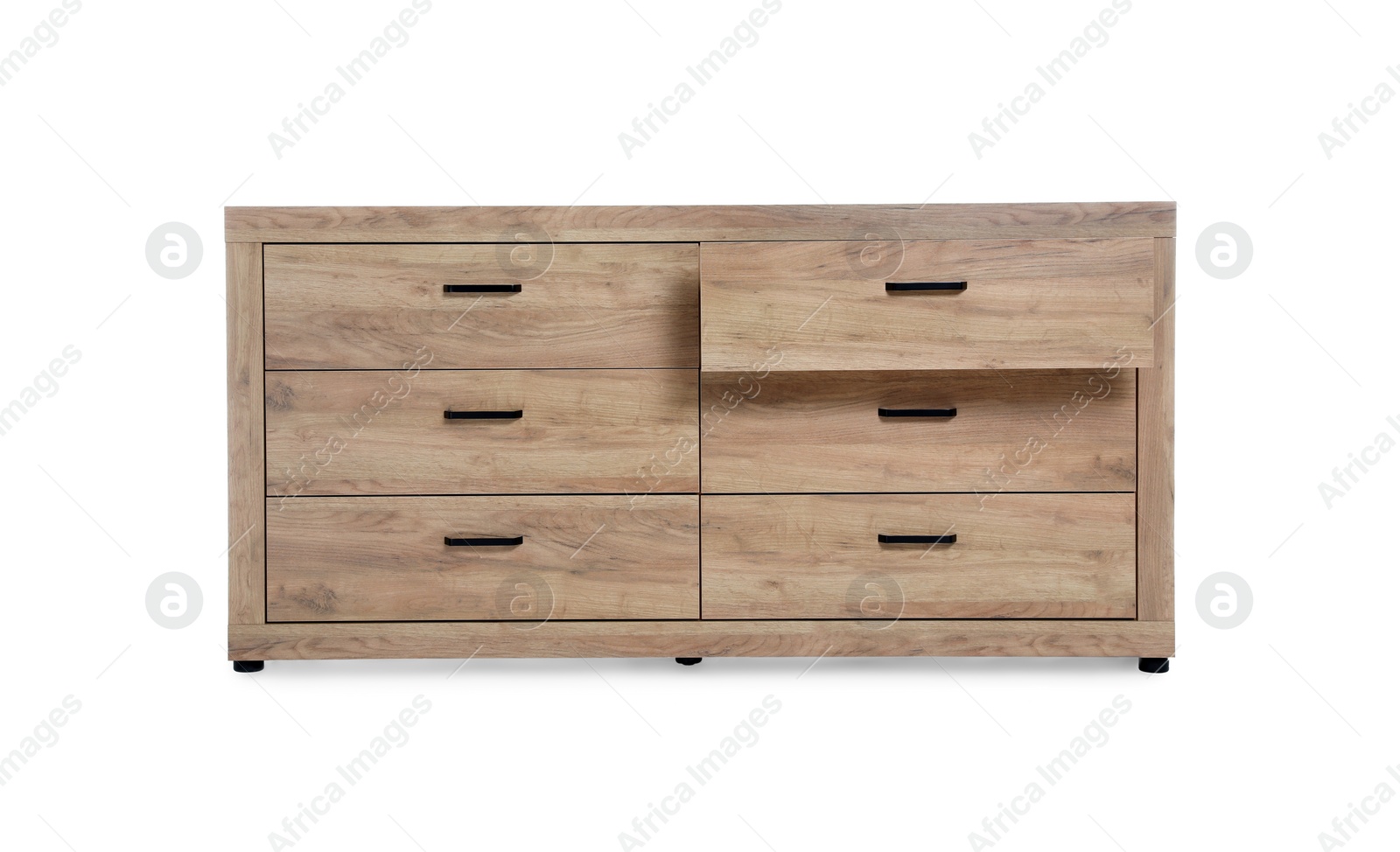 Photo of New wooden chest of drawers isolated on white