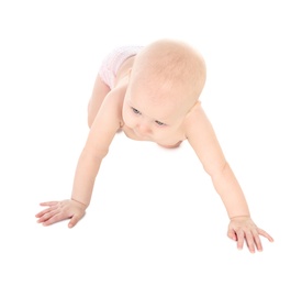 Photo of Cute little baby crawling on white background