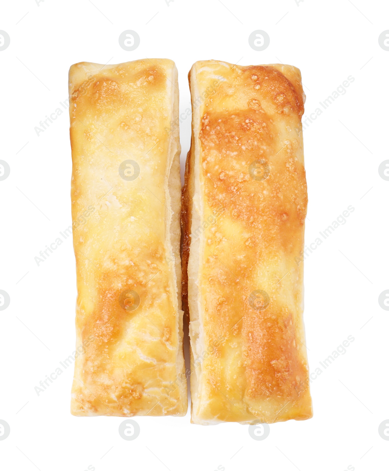 Photo of Delicious fresh puff pastries isolated on white, top view