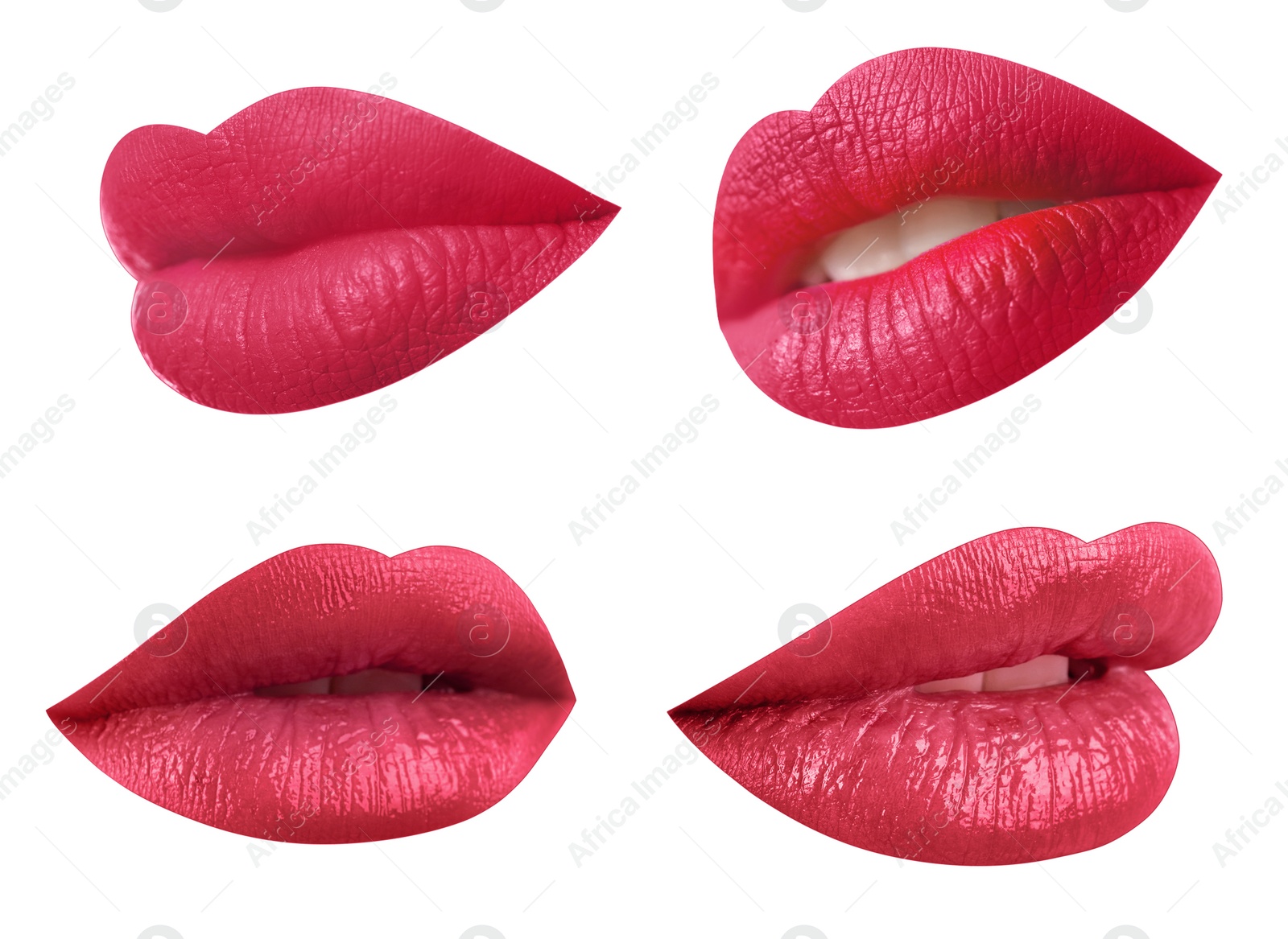 Image of Set of mouths with beautiful makeup on white background. Stylish red lipstick