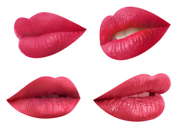 Image of Set of mouths with beautiful makeup on white background. Stylish red lipstick
