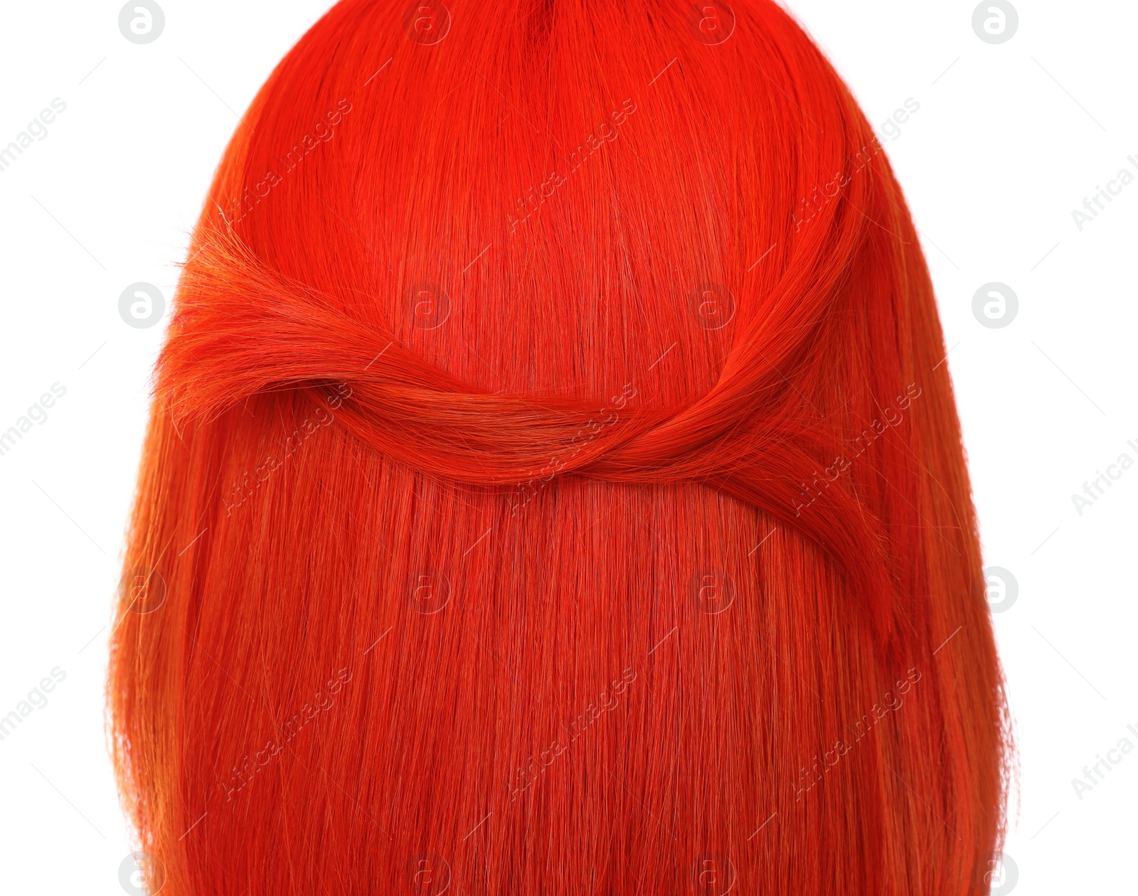 Photo of Young woman with bright dyed hair on white background, closeup. Back view