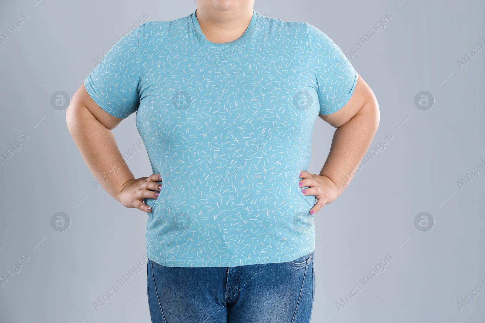 Photo of Overweight woman before weight loss on color background