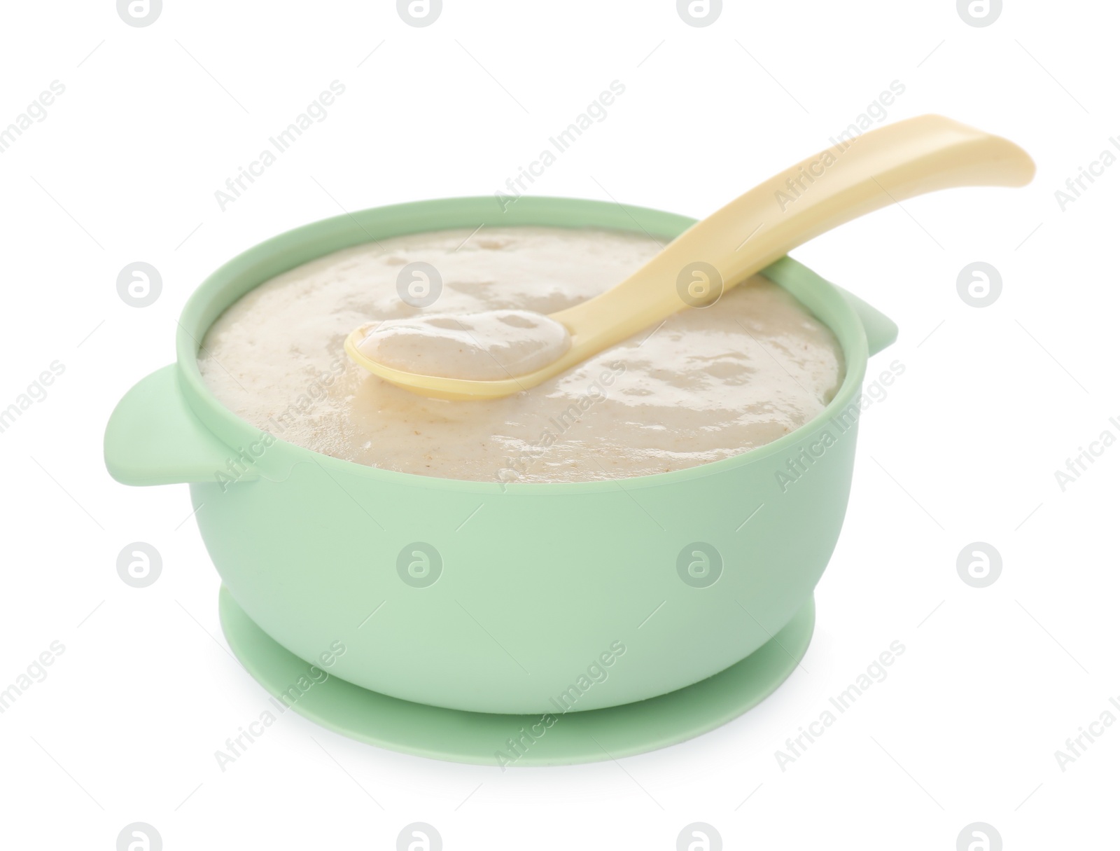 Photo of Healthy baby food in bowl on white background