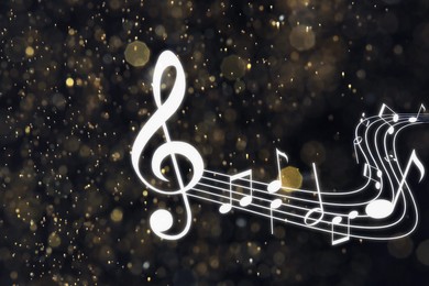 Image of Music notes on dark background, bokeh effect