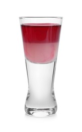 Photo of Shooter in shot glass isolated on white. Alcohol drink