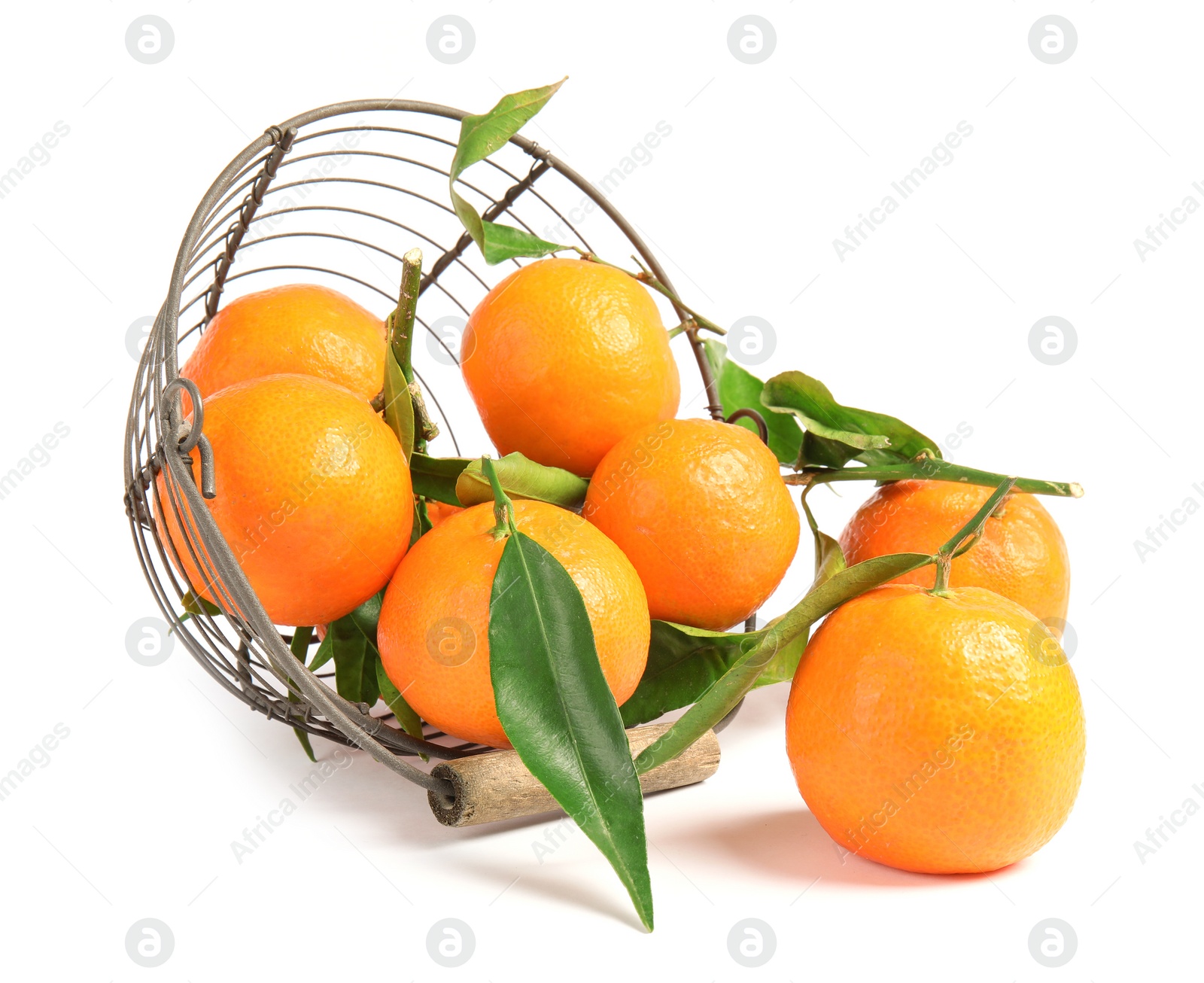 Photo of Metal basket with tasty ripe tangerines on white background