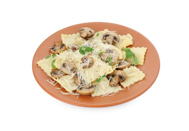 Photo of Plate of delicious ravioli with mushrooms and cheese isolated on white