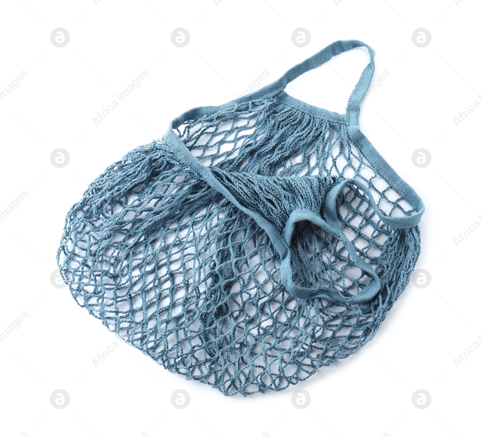 Photo of Blue empty string bag isolated on white, top view