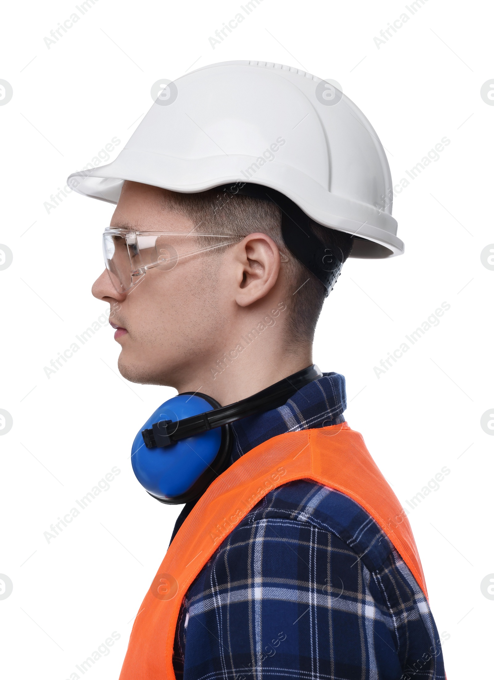 Photo of Young man wearing safety equipment on white background