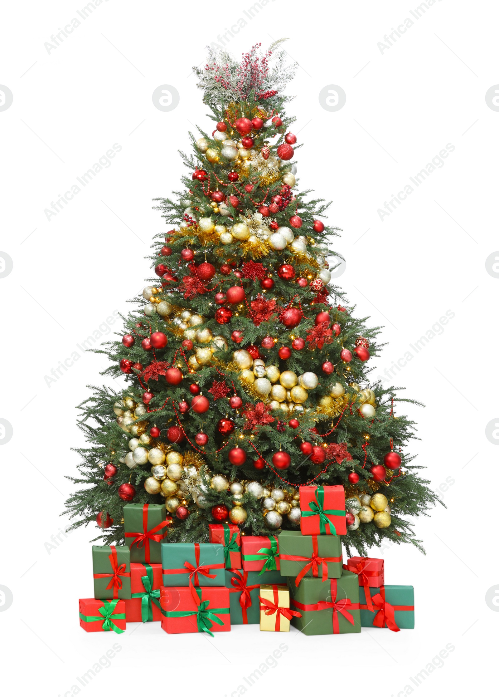 Photo of Beautiful Christmas tree and gift boxes isolated on white