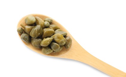 Photo of Wooden spoon with capers on white background, top view