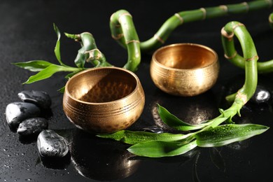 Retreat concept. Singing bowls, spa stones and green bamboo stems on wet mirror surface