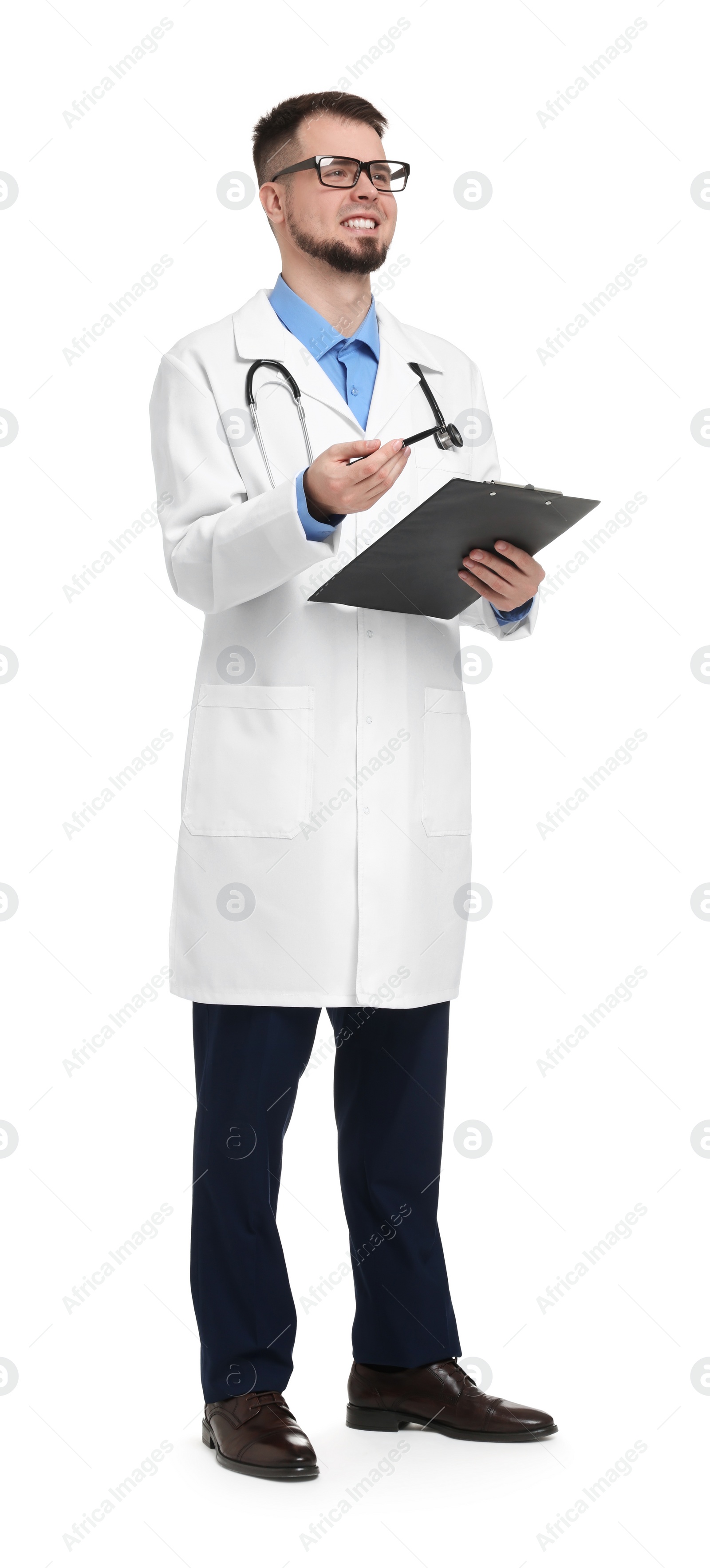 Photo of Doctor in coat with clipboard on white background