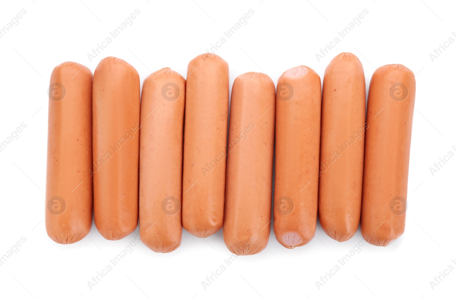 Photo of Fresh raw sausages isolated on white, top view. Meat product