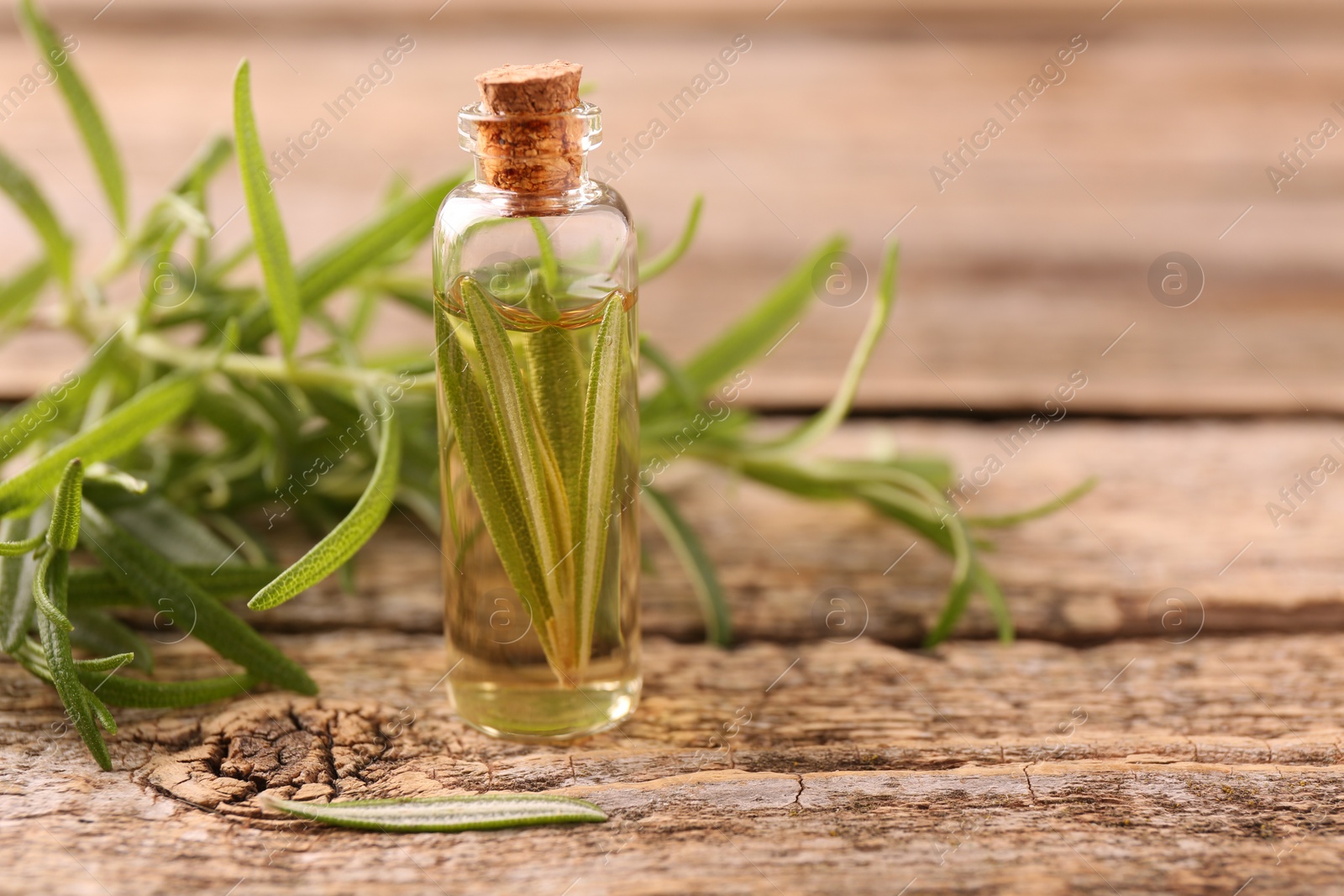 Photo of Aromatic essential oil in bottle and rosemary on wooden table, closeup. Space for text