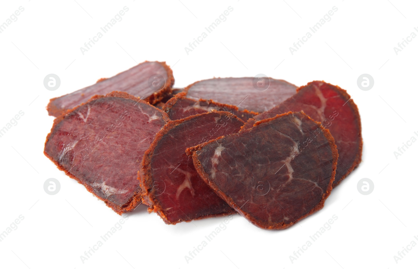 Photo of Delicious dry-cured beef basturma slices on white background