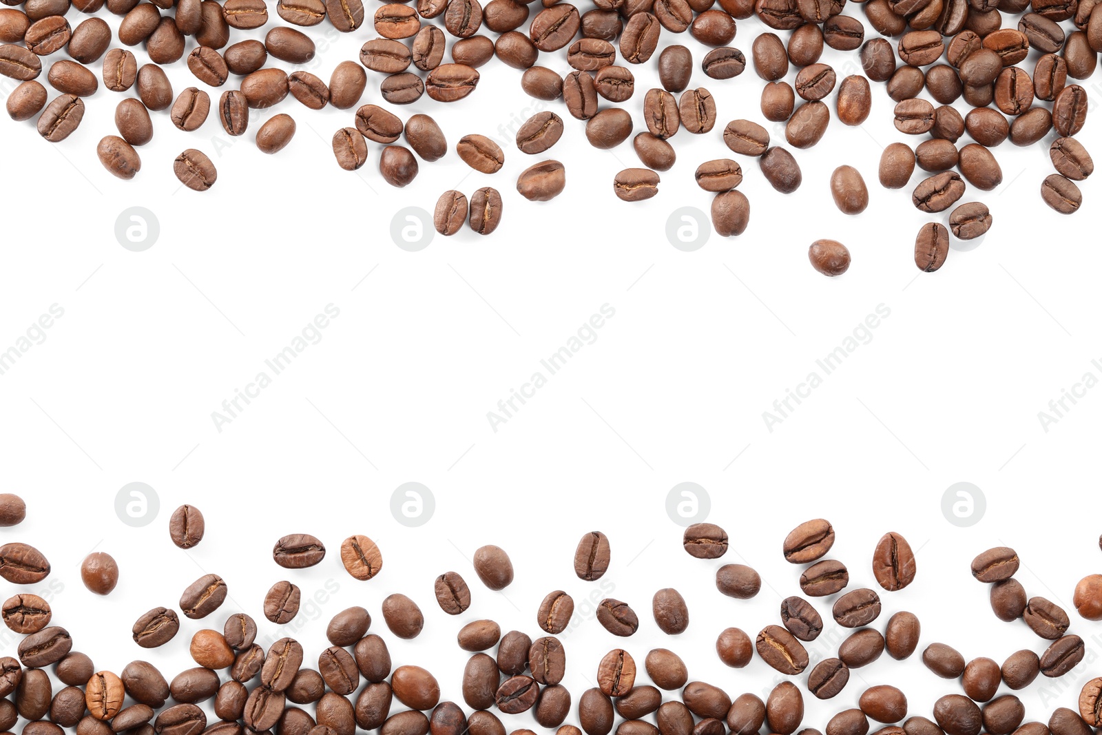 Photo of Many roasted coffee beans isolated on white , top view