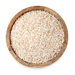 Dry barley groats in bowl isolated on white, top view