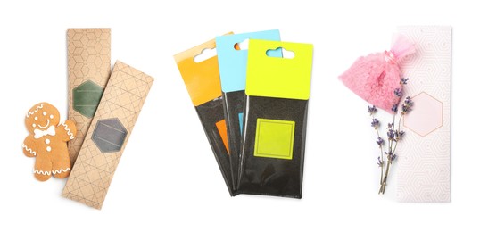 Set of scented sachets with different aromas on white background, top view. Banner design