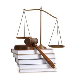 Photo of Wooden gavel, books and scales of justice on white background