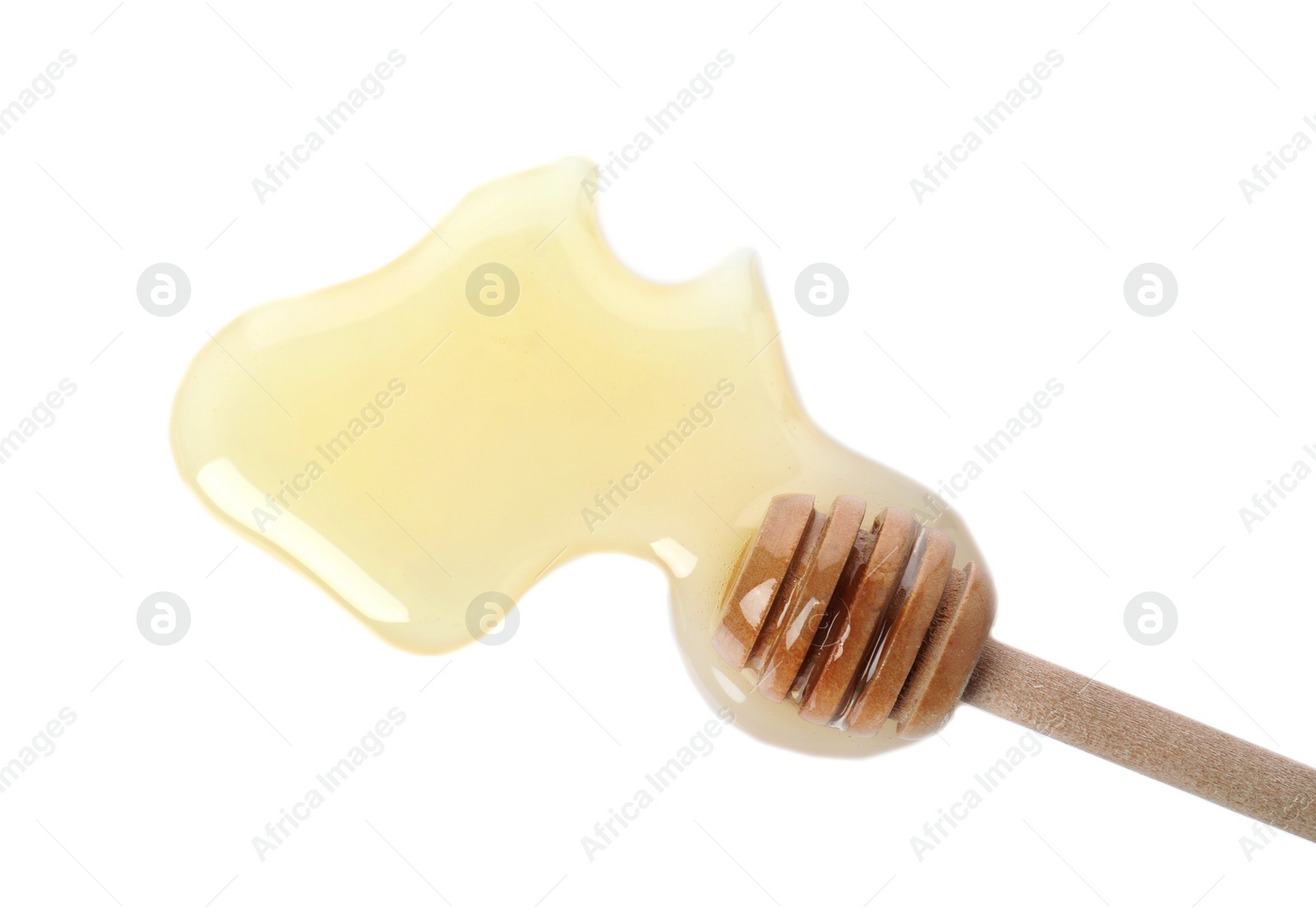 Photo of Sweet honey and dipper on white background, top view