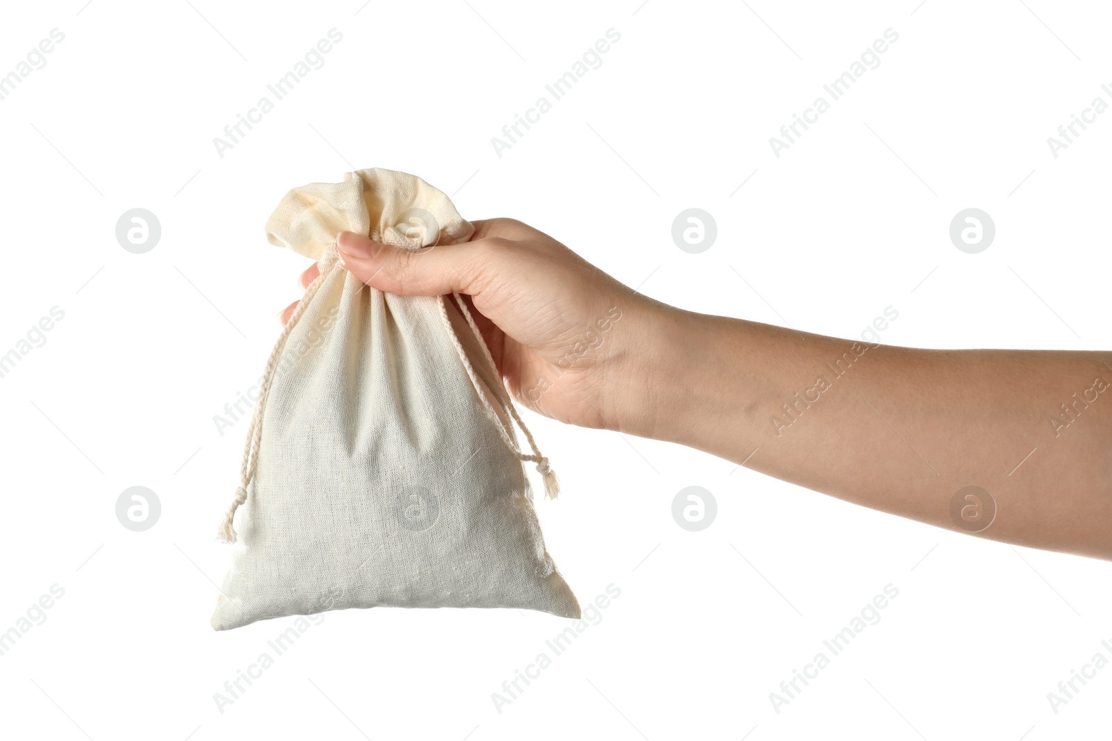 Photo of Woman holding full cotton eco bag on white background, closeup