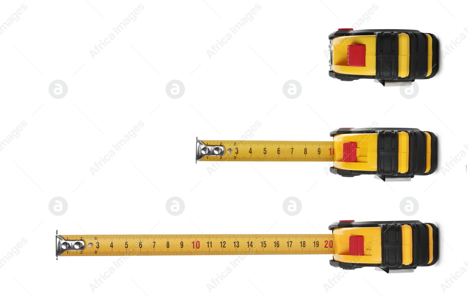 Image of Set with measuring tapes on white background
