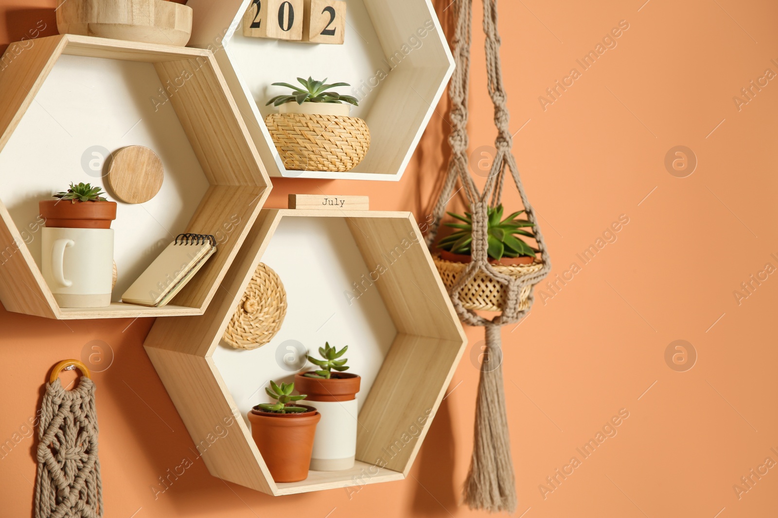 Photo of Shelves with decorative elements on color wall. Space for text