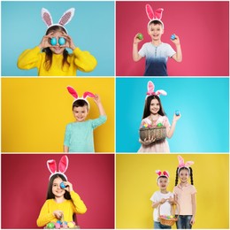 Image of Collage photos of cute children wearing bunny ears headbands on different color backgrounds. Happy Easter