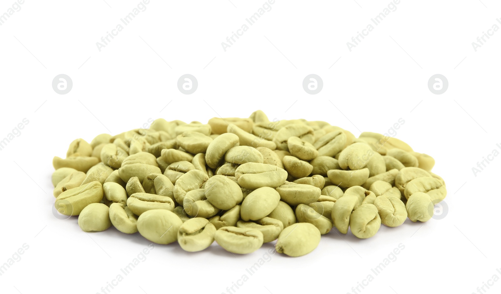 Photo of Heap of green coffee beans isolated on white