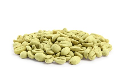 Photo of Heap of green coffee beans isolated on white