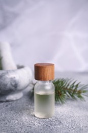 Photo of Bottle of aromatic essential oil and mortar with pine branch on light grey table, closeup. Space for text