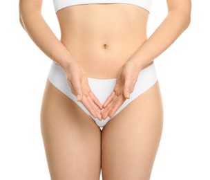 Gynecology. Woman in underwear on white background, closeup