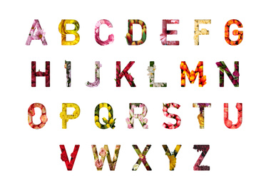 Image of Alphabet letters made of flowers on white background