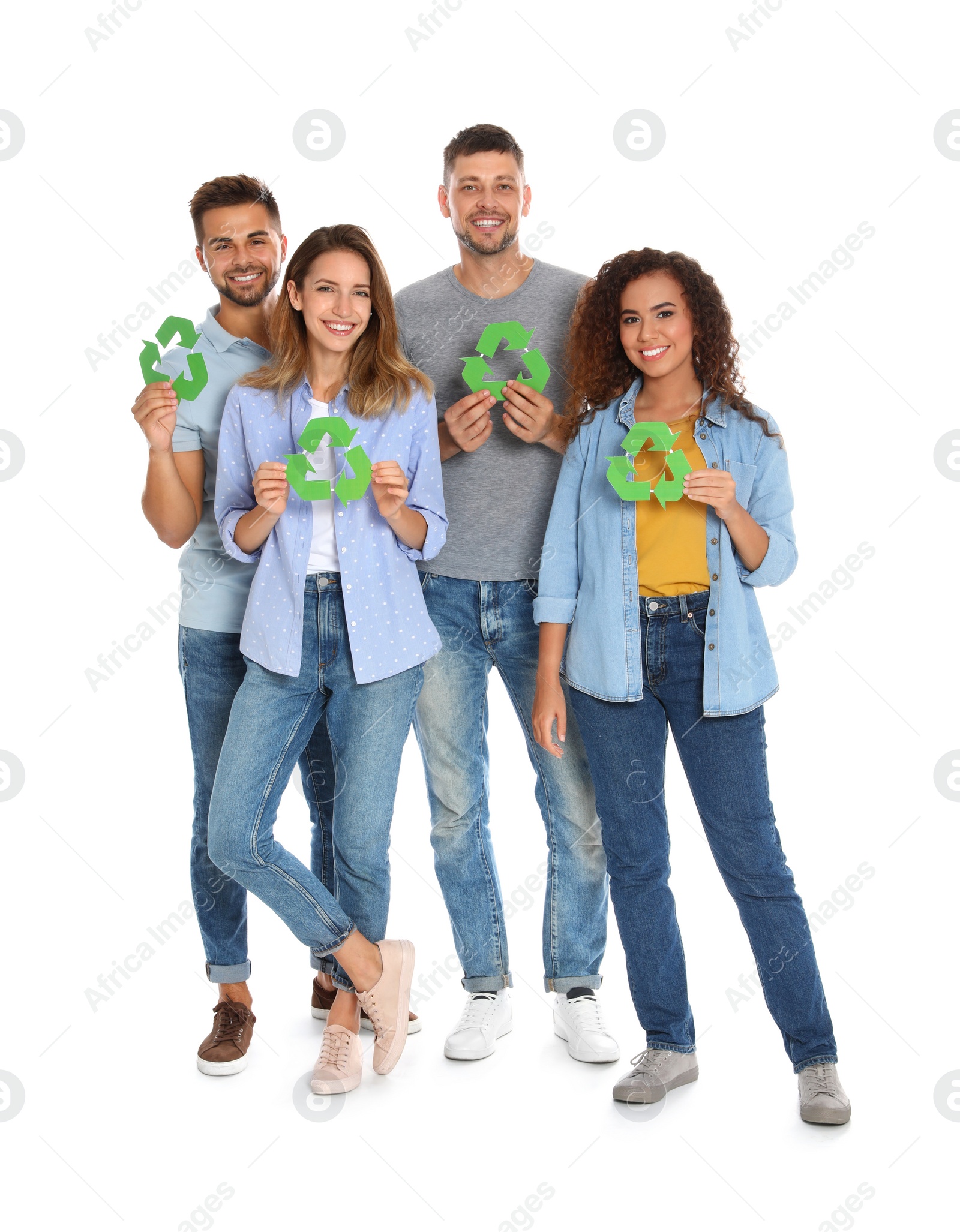 Photo of Group of people with recycling symbols on white background