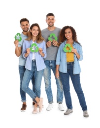 Photo of Group of people with recycling symbols on white background