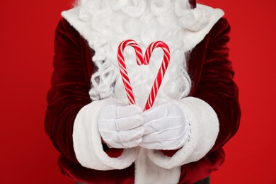 Photo of Santa Claus holding candy canes on red background, closeup