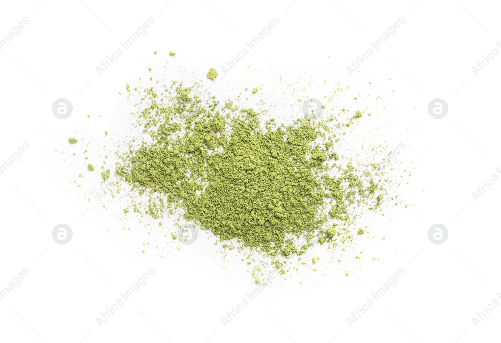 Photo of Pile of green matcha powder isolated on white, top view