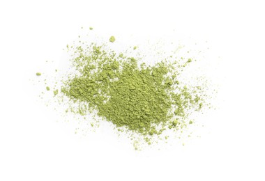 Photo of Pile of green matcha powder isolated on white, top view