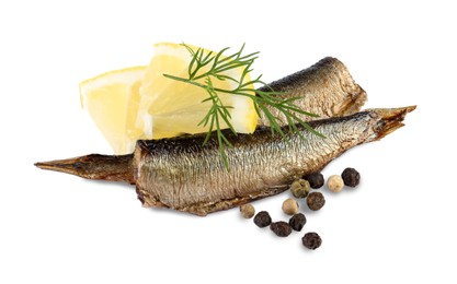 Tasty canned sprats, lemon, peppercorns and dill isolated on white