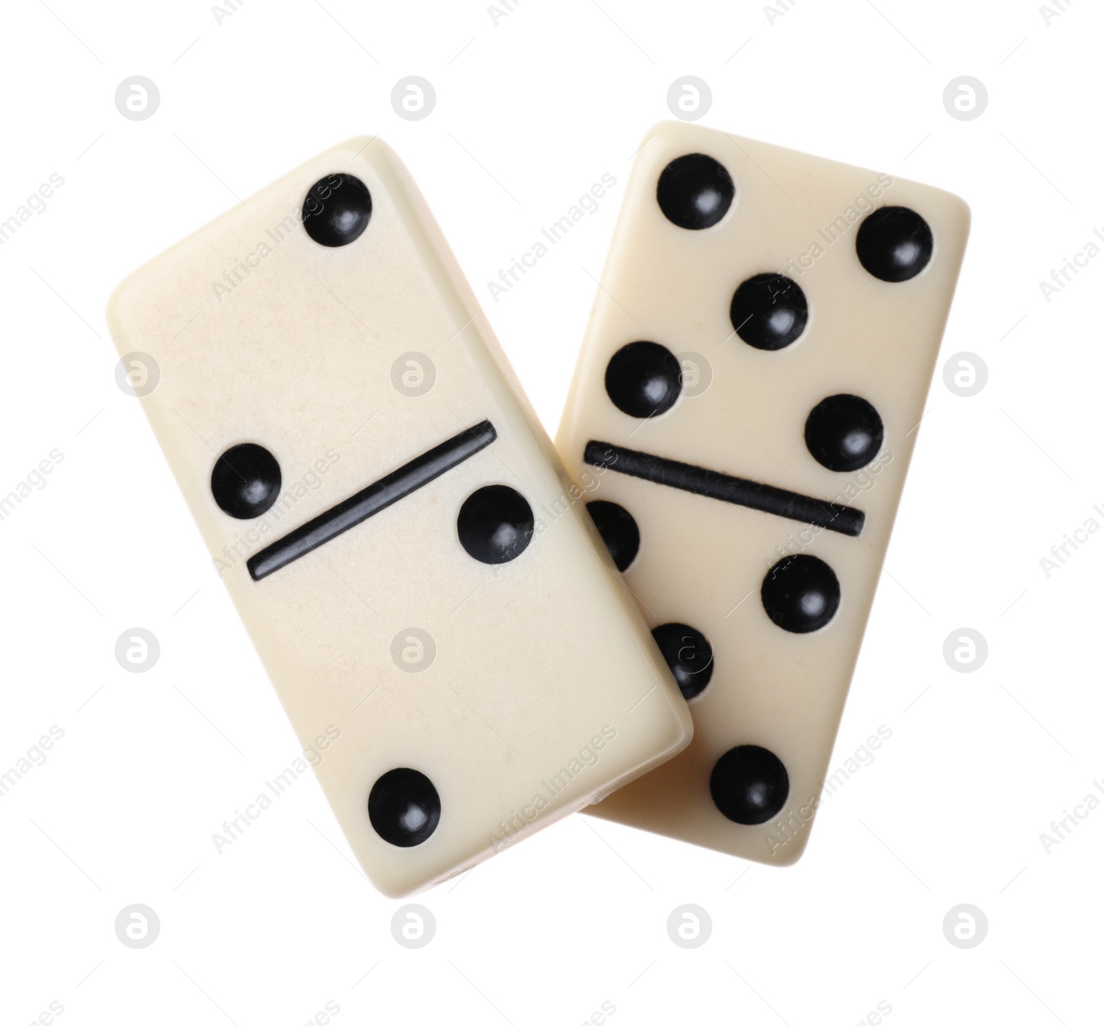 Photo of Two classic domino tiles on white background, top view