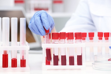 Scientist working with blood samples in test tubes at table