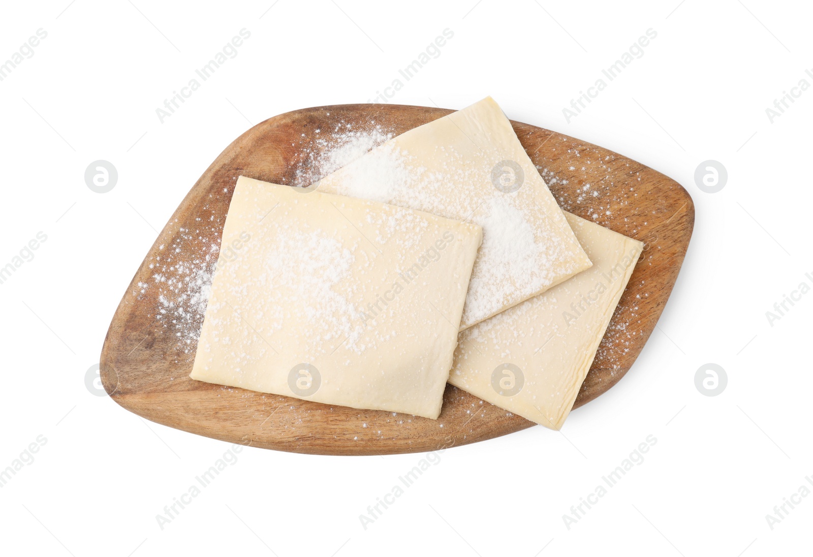 Photo of Raw puff pastry dough isolated on white, top view