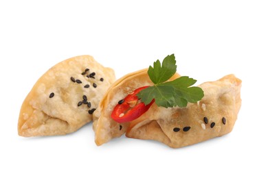 Photo of Delicious gyoza (asian dumplings) with sesame, parsley and pepper isolated on white