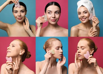 Image of Collage with portraits of beautiful women doing facial massage with gua sha tools on color backgrounds