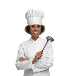 Photo of Happy female chef in uniform holding ladle on white background
